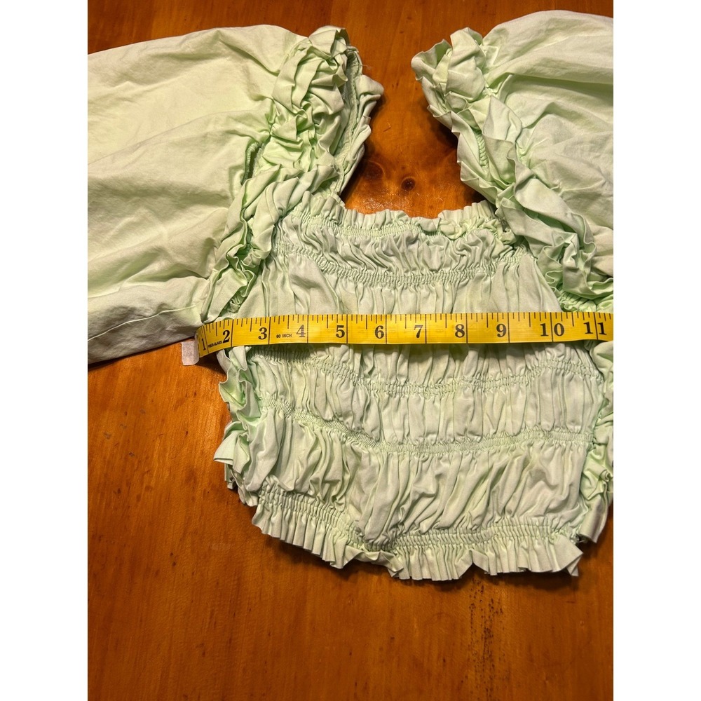 Zara Womens Smocked Puff Sleeve Crop Top Mint Green Ruffle Square Neck XS - Picture 7 of 9